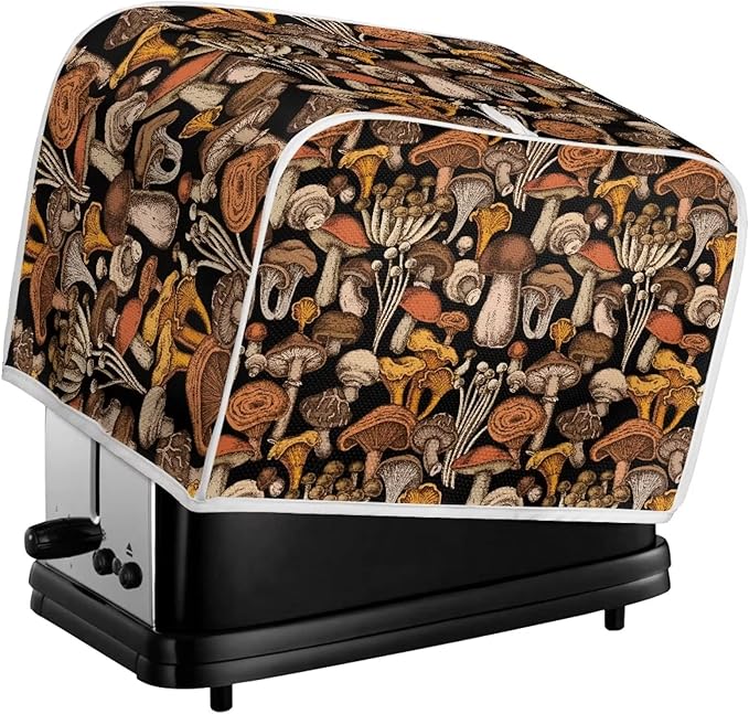 JEOCODY Mushroom Print Toaster Cover for 2 Slice Wide Slot Bread Maker - Small Appliance Dust Protection With Handle for Kitchen, Washable
