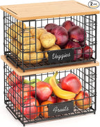 2 Pack Stackable Wire Baskets with Bamboo Top for Pantry Organizers and Storage, XXL Kitchen Organization Counter Basket for Fruit, Vegetable, Produce, Bread, Potato and Onion Storage Bins