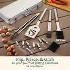 Cuisinart 14-Piece Deluxe Stainless Steel Grill Set, Grilling Accessories Kit with Spatula, Tongs, Corn Holders, Basting Brush, Cleaning Brush & Aluminum Carry Case, BBQ Tools for Outdoor Grill