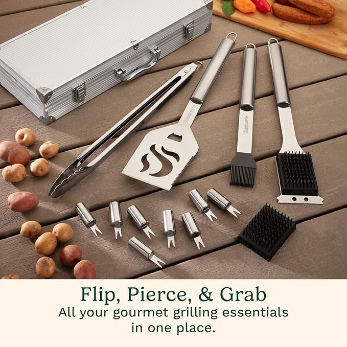 Cuisinart 14-Piece Deluxe Stainless Steel Grill Set, Grilling Accessories Kit with Spatula, Tongs, Corn Holders, Basting Brush, Cleaning Brush & Aluminum Carry Case, BBQ Tools for Outdoor Grill