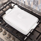 ROSSALLINI Stoneware Casserole Dish Bakeware Set with Lid, Covered Rectangular Dinnerware, Large 3.2 Quart, 11 by 9 Inch, Bianco [White]