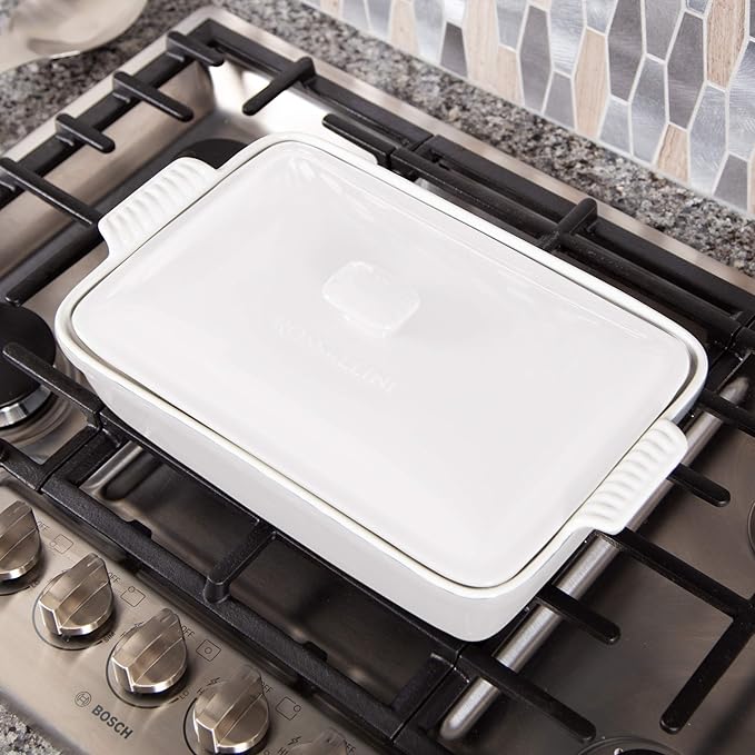 ROSSALLINI Stoneware Casserole Dish Bakeware Set with Lid, Covered Rectangular Dinnerware, Large 3.2 Quart, 11 by 9 Inch, Bianco [White]