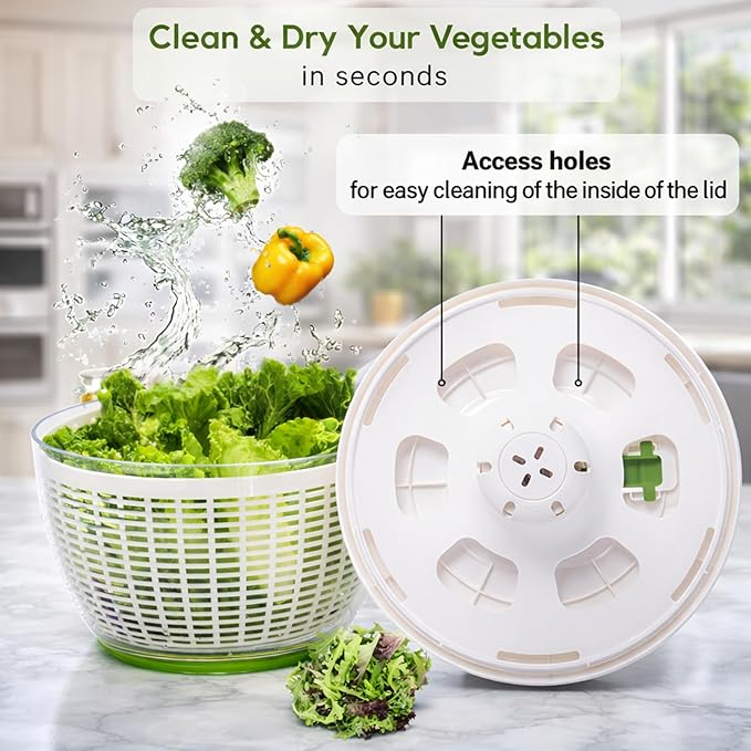 Brieftons QuickPush Salad Spinner: Large 6.3-Quart Vegetable Washer Dryer Strainer Drainer, Easy One-Handed Handle & Brake, Fast Spin Cycles, Compact Storage, to Wash, Clean & Dry Vegetables, Fruits