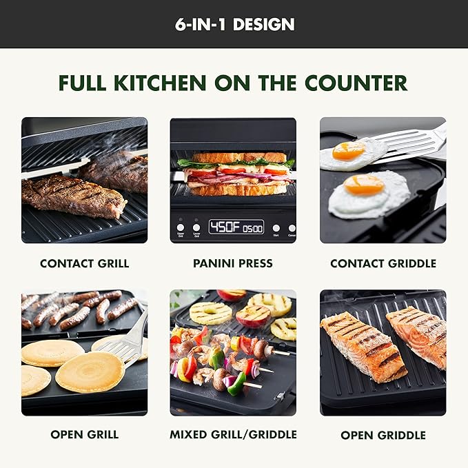 GreenPan 6-in-1 Multifunction Removable Plate Indoor Grill & Electric Griddle, Diamond Infused PFAS Free Ceramic Nonstick Reversible Plates, Opens Flat, Adjustable Temp, Panini Press, Black