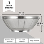Juvale Stainless Steel Fine Mesh Strainer - Durable Rust-Resistant Mesh Colander - Ergonomic Handle Rice Colander - Ultra-Fine Flour Sifter - Dishwasher Safe with Stable Design - 11 in x 4 in, Silver