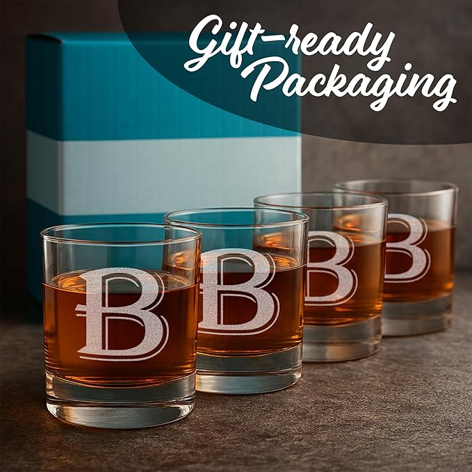 On The Rox Drinks 4 Piece Glass Set Engraved with B-Monogram, 11-Ounce
