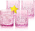 BELLAFORTE Shatterproof Tritan Plastic Short Tumbler, Set of 4, 13oz - Myrtle Beach Unbreakable Crystal Cut Old Fashioned Drinking Glasses for Whiskey - BPA Free - Dishwasher Safe - Pink