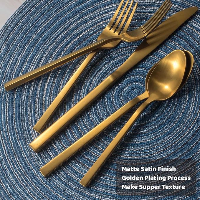 Alata Cube Gold 45-Piece Flatware Set, Forged Cutlery Set, Matte Gold Silverware Service for 8, Stainless Steel Tableware with Square Handle for Home/Restaurant, Dishwasher Safe