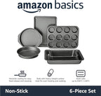 Amazon Basics 6 Piece Nonstick Carbon Steel Bakeware Set with Cake, Muffin, Cookie, and Loaf Pans, Easy Release, Oven Safe, 16.25 x 11.75 x 6.25 inches