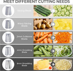 SUSTEAS Rotary Cheese Grater with Handle - Vegetable Shredder with 5 Well-designed Blades & Strong Suction Base,Round Mandoline Slicer & Food Chopper for Kitchen,with Blade Storage Box(Gray)