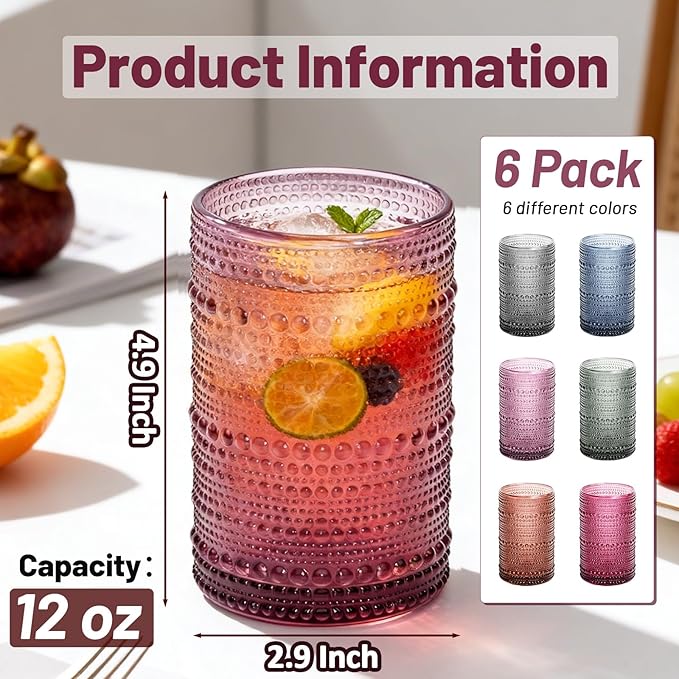 GGOLDMER Colored Hobnail Drinking Glasses Set of 6, 12oz Vintage Kitchen Glassware, Embossed Design Water Glasses, Glass Cups, Water Tumbler for Beer, Juice, Cocktail, Whiskey, Milk