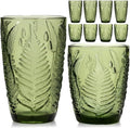 Vintage Green Drinking Glasses Set of 8, Mixed 10 oz & 12 oz Hand-Pressed Textured Glass Cups, Fern Embossed Retro Colored Glassware, Decorative Tumblers for Water & Cocktails, Boho Drinkware Gift Set