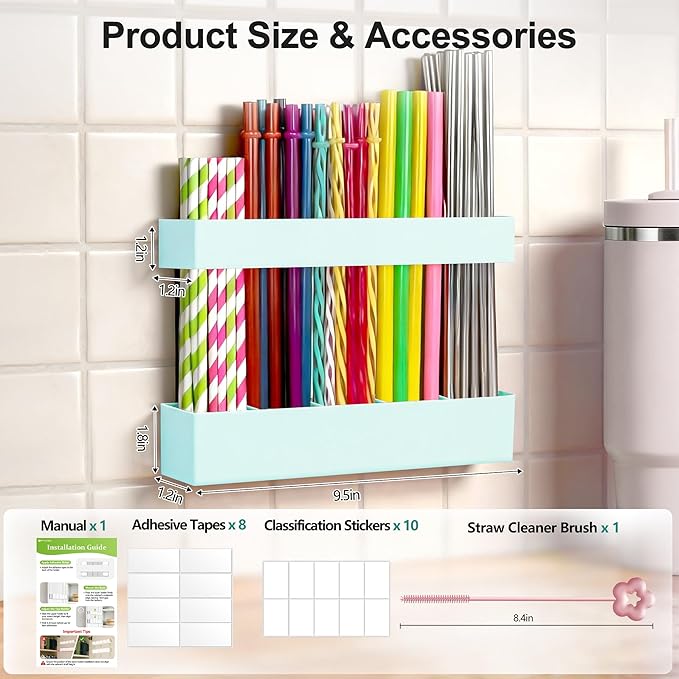 9.5” Large Acrylic Straw Holder for Cabinet Door, Reusable Adjustable Two-Part Straws Organizer with Ultra Sticky Adhesive Strips, 2026 Straw Storage for Kitchen Cupboard (Mint Blue)