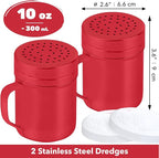 CUSINIUM 10oz Red Stainless Steel Salt Pepper Dredge Shakers - With Plastic Cap - With Handle - Pack of 2
