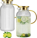 Buaic 2 PACK Glass Pitcher with Lid, 84oz/2.5L Liter Classic Vertical Stripes Water Pitcher,Glass Water Carafe for Cold Brew, Coffee, Lemonade, Iced Tea,Sun Tea, Beverage, Heat Resistant
