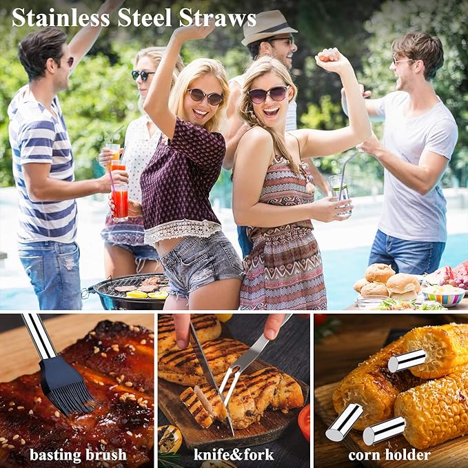 ROMANTICIST 25pcs Extra Thick BBQ Grill Accessories, Christmas Grilling Gifts Set for Men Dad, Heavy Duty Grill Tools Utensils Kit with Spatula, Tongs in Aluminum Case for Birthday Silver