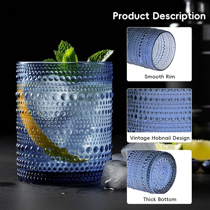 Moretoes Hobnail Drinking Glasses Set of 16, 12 Oz Highball Glasses & 10 Oz Cocktail Glasses, Clear Embossed Boho Glass Cups Kitchen Bar Tumbler Glassware Set for Whiskey, Beer, Juice, Milk (Blue)