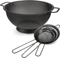 Norme 4 Quart Stainless Steel Black Colander and 3 Pcs Black Fine Mesh Strainer, Stainless Steel Pasta Rice Food Metal Strainer with Handles, Easy Clean and Dishwasher Safe