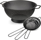Norme 4 Quart Stainless Steel Black Colander and 3 Pcs Black Fine Mesh Strainer, Stainless Steel Pasta Rice Food Metal Strainer with Handles, Easy Clean and Dishwasher Safe