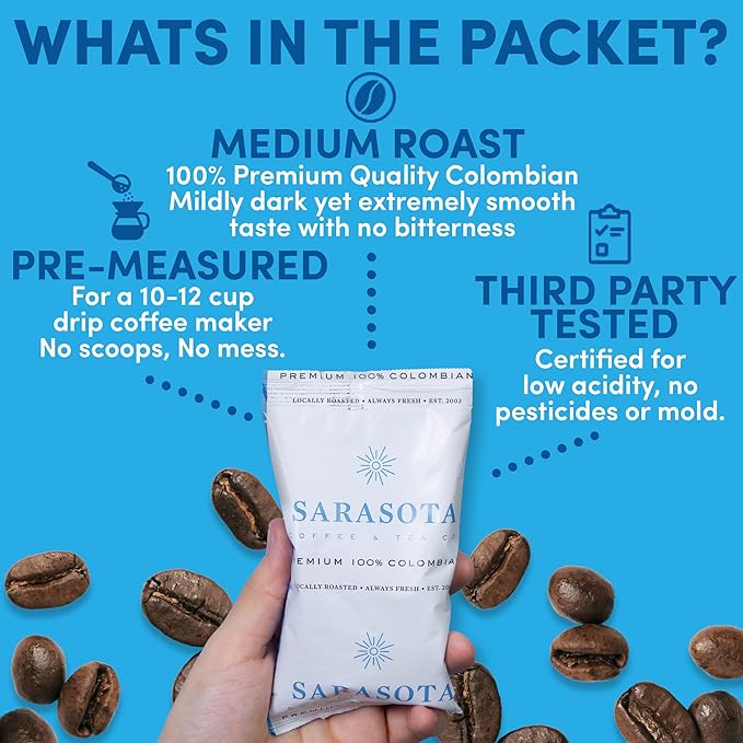 Colombian Coffee Packets – Medium Roast Ground, 1.75oz Bulk Portion Packs for 12-Cup Drip Maker, Pre-Measured Fractional Bags, 100 Count