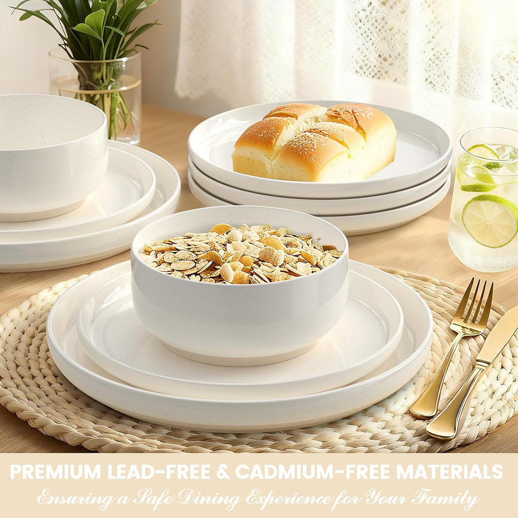 Umite Chef 12 Piece Ceramic Dinnerware Set for 4 – Cream White Plates & Bowls