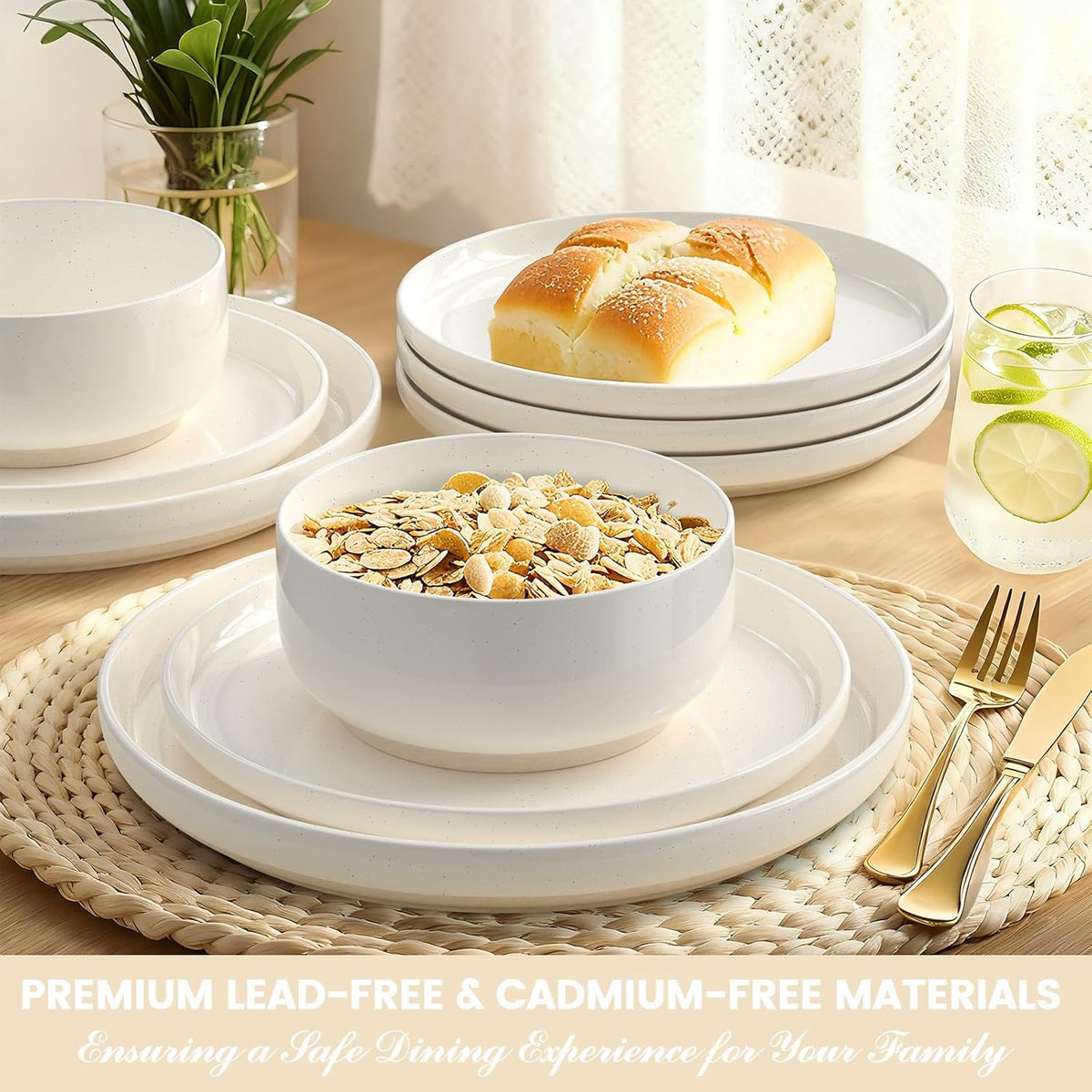 Umite Chef 12 Piece Ceramic Dinnerware Set for 4 – Cream White Plates & Bowls