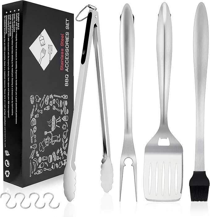 Grilling Accessories, HaSteeL 18in BBQ Grill Accessories Set of 4, Stainless Steel Grilling Tools for Outdoor Barbecue Camping, Heavy Duty Grill Spatula, Tong, Fork, Basting Brush, Gifts for Men