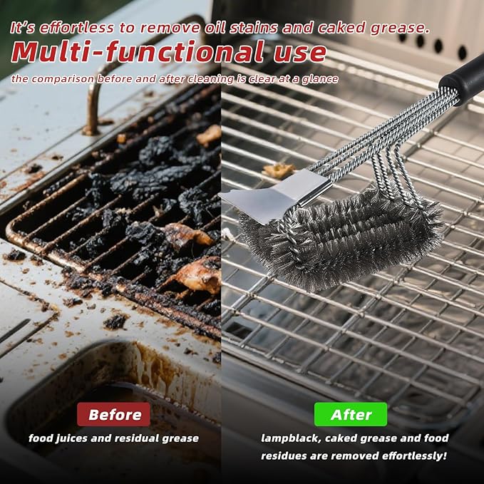 Grill Brush and Grill Brush for Outdoor Grill ，Scraper Extra Strong BBQ Cleaner Accessories Safe Wire Bristles Barbecue Triple Scrubbers Cleaning Brush for Gas/Charcoal Grilling Grates Wizard Tool