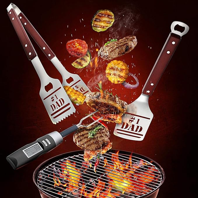 Panoware BBQ Grill Tools Set for Dad, 4 Piece Set, Number 1 Dad Tongs, Spatula, Digital Thermometer and Case