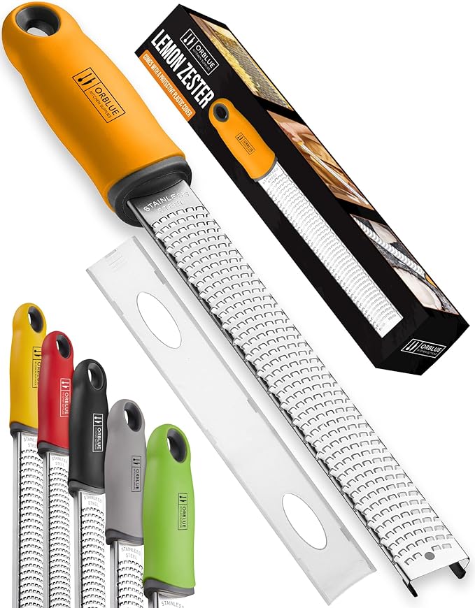 Orblue Lemon Zester & Cheese Grater - Premium Citrus Zester, Kitchen Grater for Parmesan, Chocolate, Fruits, Vegetables, Ginger, Garlic, Nutmeg - Stainless Steel Blades with Protective Cover, Orange