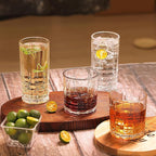 Moretoes Drinking Glasses Set of 12, 6 Highball Glasses 12oz,6 Rocks Glasses 10oz,Mixed Drink Cocktail Glass, Vintage Embossed Glassware Sets for Whiskey,Mocktails, Water & Juice Drinkware