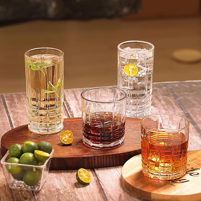 Moretoes Drinking Glasses Set of 12, 6 Highball Glasses 12oz,6 Rocks Glasses 10oz,Mixed Drink Cocktail Glass, Vintage Embossed Glassware Sets for Whiskey,Mocktails, Water & Juice Drinkware