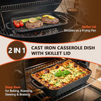 9x13" Casserole Dishes for Oven with Lids - 2-In-1 Pre-Seasoned Cast Iron Baking Dish for Lasagna, Sourdough Bread