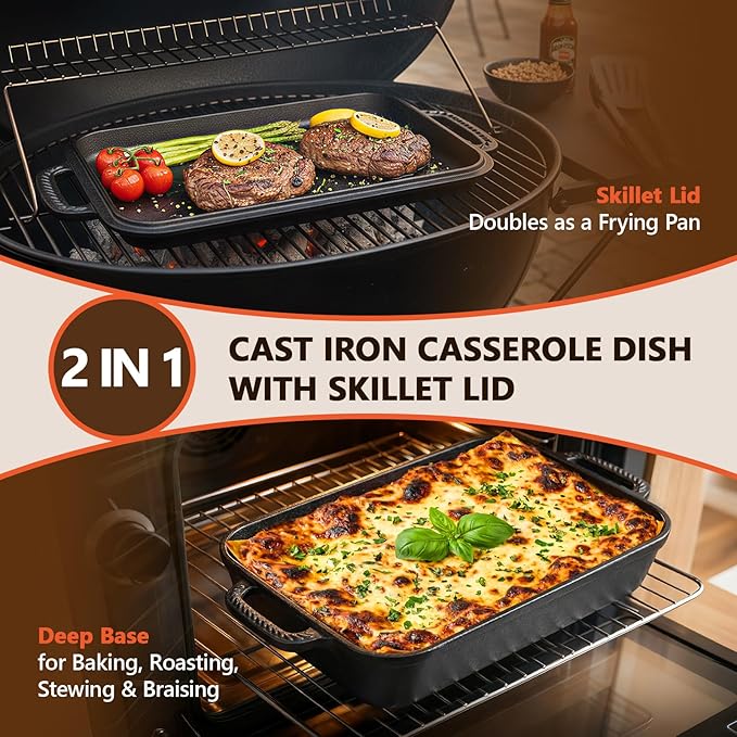 9x13" Casserole Dishes for Oven with Lids - 2-In-1 Pre-Seasoned Cast Iron Baking Dish for Lasagna, Sourdough Bread