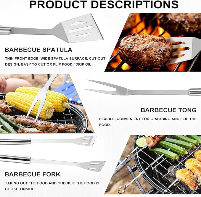BBQ Grill Tool Set, 7 Pcs Stainless Steel Barbeque Grilling Tool Set, Includes a Spatula/Fork/Pair of Tongs, and 4 Corn skewers, BBQ Tools for Backyard Outdoor Kitchen