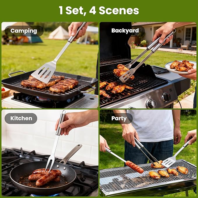 Grilling Accessories Tool Kit 4-Piece, Stainless Steel Barbeque Grilling Tools Set for Men with Carry Bag for Outdoor Grilling BBQ Tools Kit