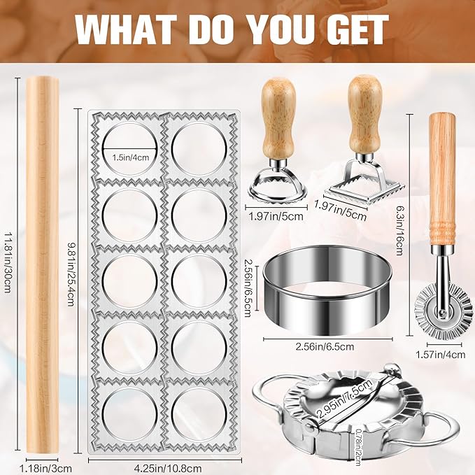 8 Pieces Ravioli Mold Set, ravioli cutter, Ravioli Maker Cutter with Roller Wheel, Ravioli Cutter Set with Wooden Handle, Pasta Making Kit for Ravioli Press Mold. Suitable for home and restaurant us
