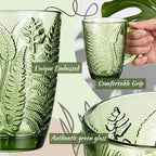 Reallnaive Green Drinking Glasses Set of 8, Boho Aesthetic Vintage Glassware Fern Paisley Carving Textured Tumbler Water Cups Embossed Pattern Drinkware Cocktail Set for Xmas Gift (10 oz,with Handle)