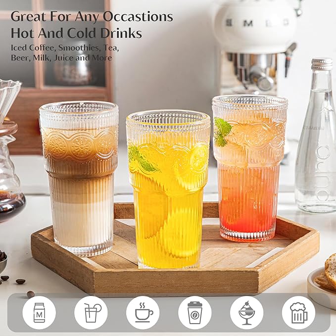 INSETLAN 20oz Ribbed & Floral Glasses Drinking Set of 6- Clear Glass Tumbler, Reusable Glass Cups for Iced Coffee, Water, Beer, Smoothies, Tea, and Juice – Perfect for Party and Daily Use