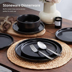 E-far Stoneware Dinnerware Sets for 2, 6-Piece Plates and Bowls Set, Modern Ceramic Dishes Dinning Ware, Microwave & Dishwasher Safe - Matte Black