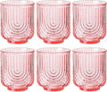 Pink Vintage Drinking Glasses Set of 6-15oz Hand-Blown Highball Ribbed Glassware, Arch Design Cocktail Glasses for Whiskey Water Beverages Ice Coffee Juice Milk