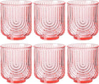 Pink Vintage Drinking Glasses Set of 6-15oz Hand-Blown Highball Ribbed Glassware, Arch Design Cocktail Glasses for Whiskey Water Beverages Ice Coffee Juice Milk