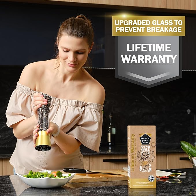 HOME EC Original Stainless Steel Salt or Pepper Grinder 1pk - Adjustable Ceramic Sea Salt Grinder or Pepper Mill - Tall Glass Spice Shaker - Spice Mill w/Ebook (Gold)