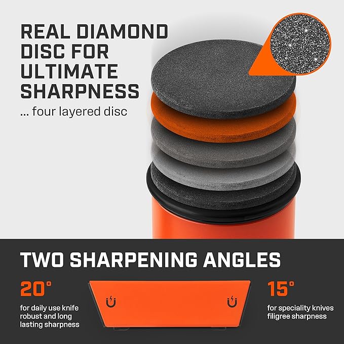 TUMBLER Pro Rolling Knife Sharpener™ - Knife Sharpening Made Easy - Ultimate Gift for Father's Day - Kit with Removable Disc System - 4-Layer Diamond Sharpening Disc & EdgeBoost Ceramic Disc (Orange)