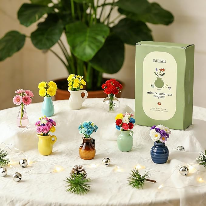 Renmxj 8 Pcs Refrigerator Magnets - Cute Mini Ceramic Vase Fridge Magnets with Artificial Flowers, Funny Tiny Vase Magnet for Fridge Decorative, Office, Kitchen, Locker, Whiteboard