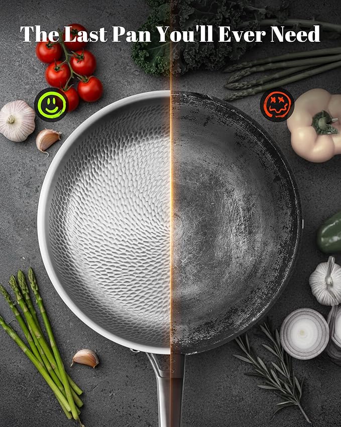 Titanium Pans set, 8+10+12Inch Pure Titanium Hammered Pro with Two Lids, Non-Toxic Skillet for Cooking, PFAS/PFOA/PTFE Free Cookware, Dishwasher&Oven Safe, Kitchen Induction Compatible