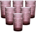 ZMOWIPDL Vintage Glassware Drinking Glasses Set of 6,13 oz Purple Textured Flower Design Glass Water Tumblers，Embossed Striped Drinkware for Water,Cocktails,Juice,Iced Coffee
