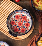 Vintage Style Cherry Blossom Flowers Pottery Bakeware Ceramic Casserole Dish Baking Pan Lasagna Pans Baking Dish with Handles for Oven to Table-1 PCS, 32 oz