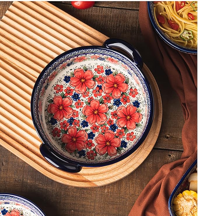 Vintage Style Cherry Blossom Flowers Pottery Bakeware Ceramic Casserole Dish Baking Pan Lasagna Pans Baking Dish with Handles for Oven to Table-1 PCS, 32 oz