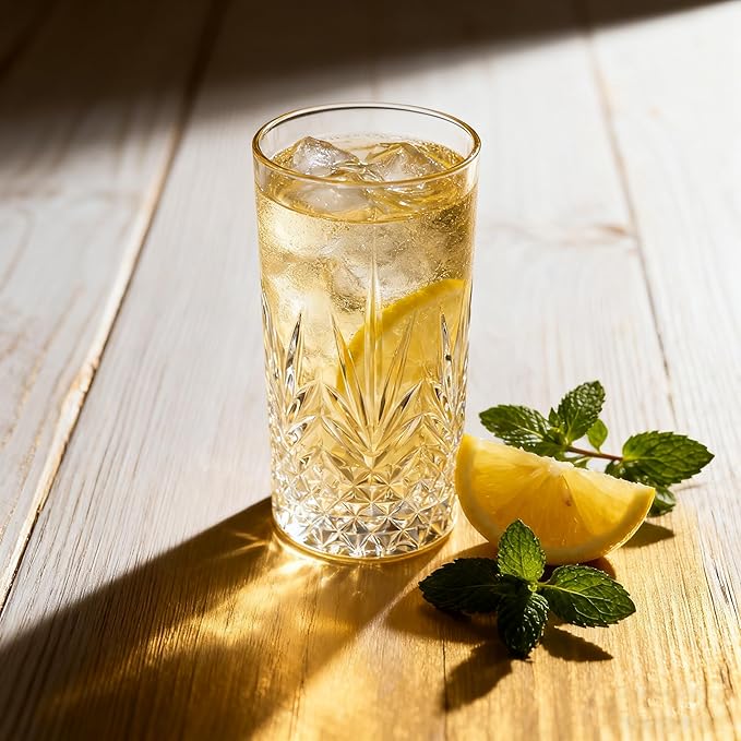 Tall Highball Glasses Set Of 6-14 Ounce Elegant Tom Collins Glasses - Textured Designer Glassware Set For Whiskey,Drinks, Water, Beer, Soda